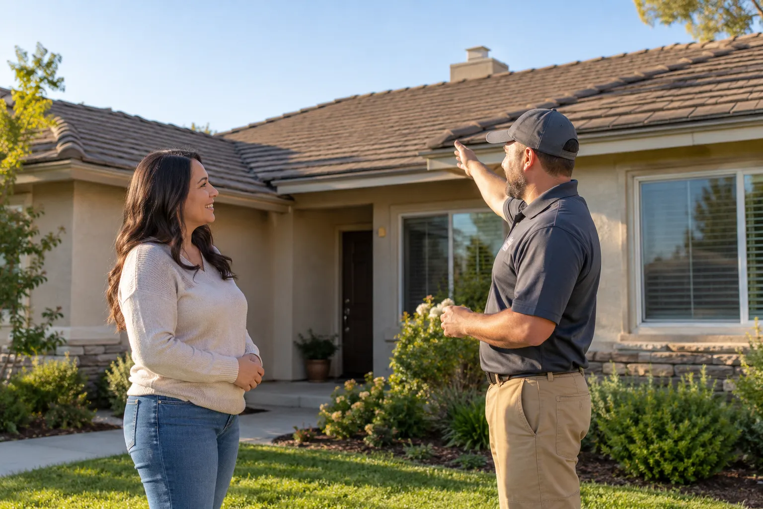 A homeowner and a roofing provider looking at a stucco ranch home roof in Los Angeles