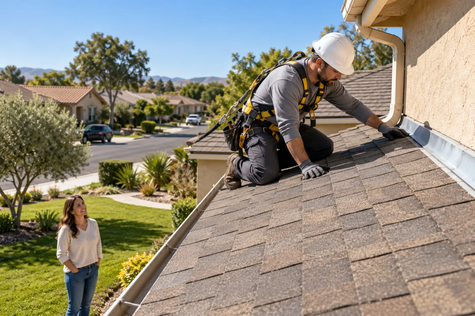 Local roofing provider inspecting shingles on a stucco ranch home in Los Angeles