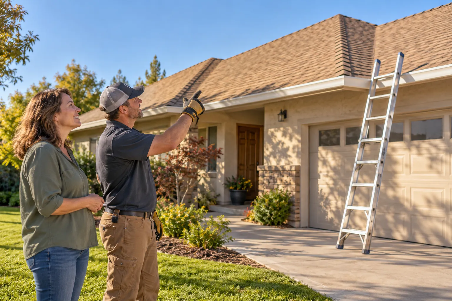 Local roofing provider and homeowner reviewing a new shingle roof on a stucco home in Los Angeles
