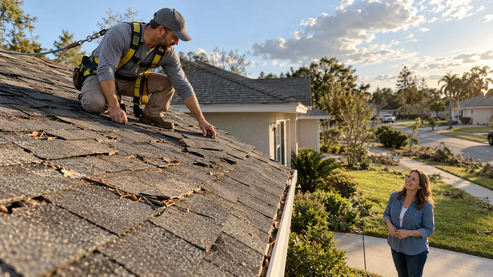 Local roofing provider inspecting storm-damaged shingles on a stucco ranch home in Los Angeles